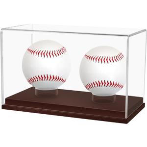 Baseball Display Case, UV Protected Clear Acrylic Cube Golf Ball Display Holder, Autograph Stand and Memorabilia Showcase Box for Two Ball, Brown Wooden Base
