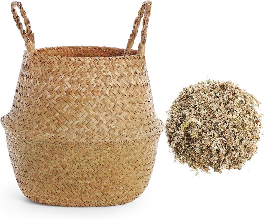 Knitgrip Large Wicker Plant Basket with Handle 10 Inch Woven Seagrass Belly Basket and Artificial Moss for House Plants Picnic Grocery Laundry Storage Home Decor(Large,Original,1 Pack)