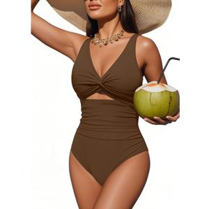 Tempt Me Women One Piece Swimsuits Tummy Control Cutout Bathing Suits Ruched V Neck Twist Front Swimwear (Large, Brown)