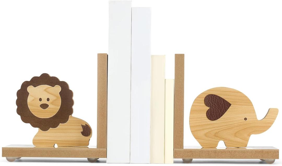 Harloon 2 Pcs Animal Bookends for Kids Wooden Decor Safari Bookends Decor for Girl Children Bedroom Home(Lion Elephant)