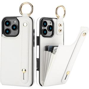 Folosu for iPhone 16 Pro Max Wallet Case with Card Holder, Hand Wrist Strap Loop Holder Kickstand, RFID Blocking Finger Grip Ring PU Leather Double Buttons Shockproof Cover 6.9" White