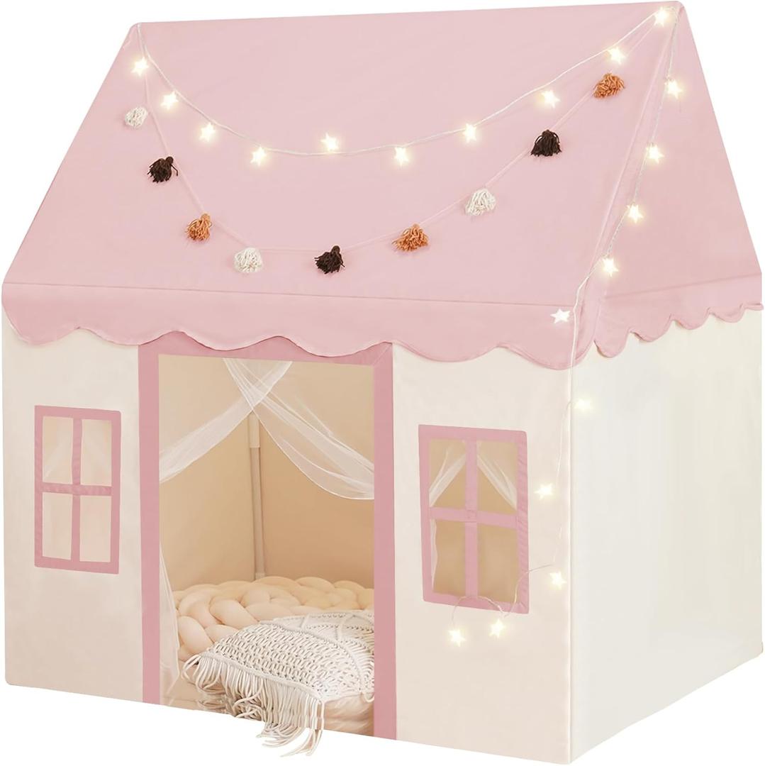 Large Kids Tent with mat, Star Lights, Tissue Garland, Play Tent Indoor & Outdoor, Kids Play Tent for Girl & Boy Aged 3+, Kids Tent for Toddler, 52" x35" x 52" Play House with Windows, Washable, Pink