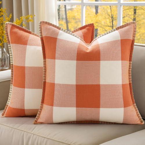 decorUhome Summer Buffalo Plaid Check Throw Pillow Covers 18x18 Set of 2 Outdoor Linen Decorative Farmhouse Gingham Pillow Covers with Stitched Edge for Bed Couch Sofa, Orange and White
