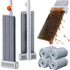 Self Wringing Microfiber Mop - Hands-Free Flat Mop with Wringing Blade | Aluminum Panel, Wet Dry for Apartment, Tiny Home, Windows, Wall, Hardwood, Laminate, Tile, Vinyl, 4 Reusable Pads