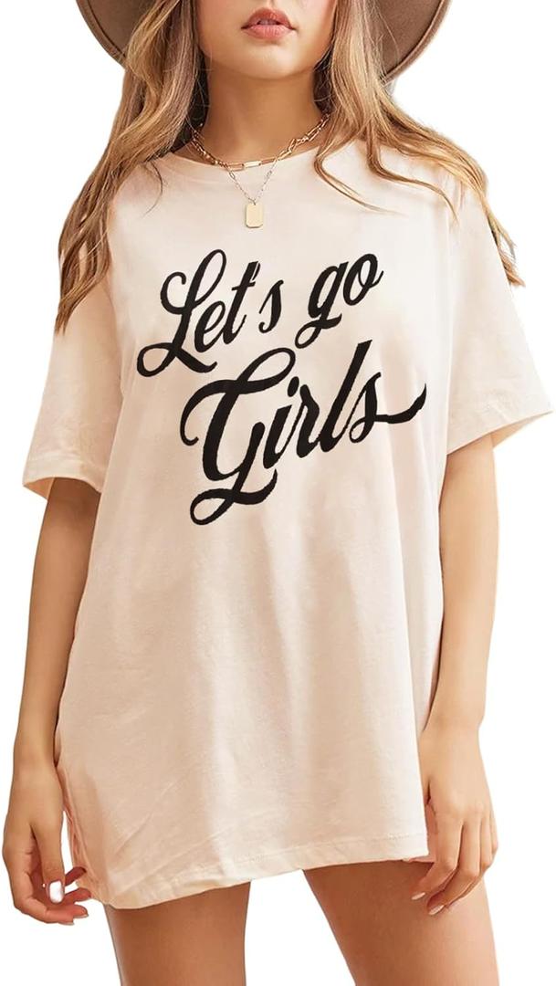 Women Let's Go Girls Bleached T Shirt Letter Printed Retro Tee Western Cowgirls Country Short Sleeve Oversized Top (X-Large, Apricot)