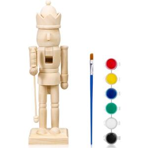 10 Inch Christmas Wooden Unfinished Nutcrackers Kit Blank Wood Unpainted Nutcracker Figures Set with Brush and Multicolor Acrylic Paint for Xmas Holiday DIY Craft Party Supplies Accessories
