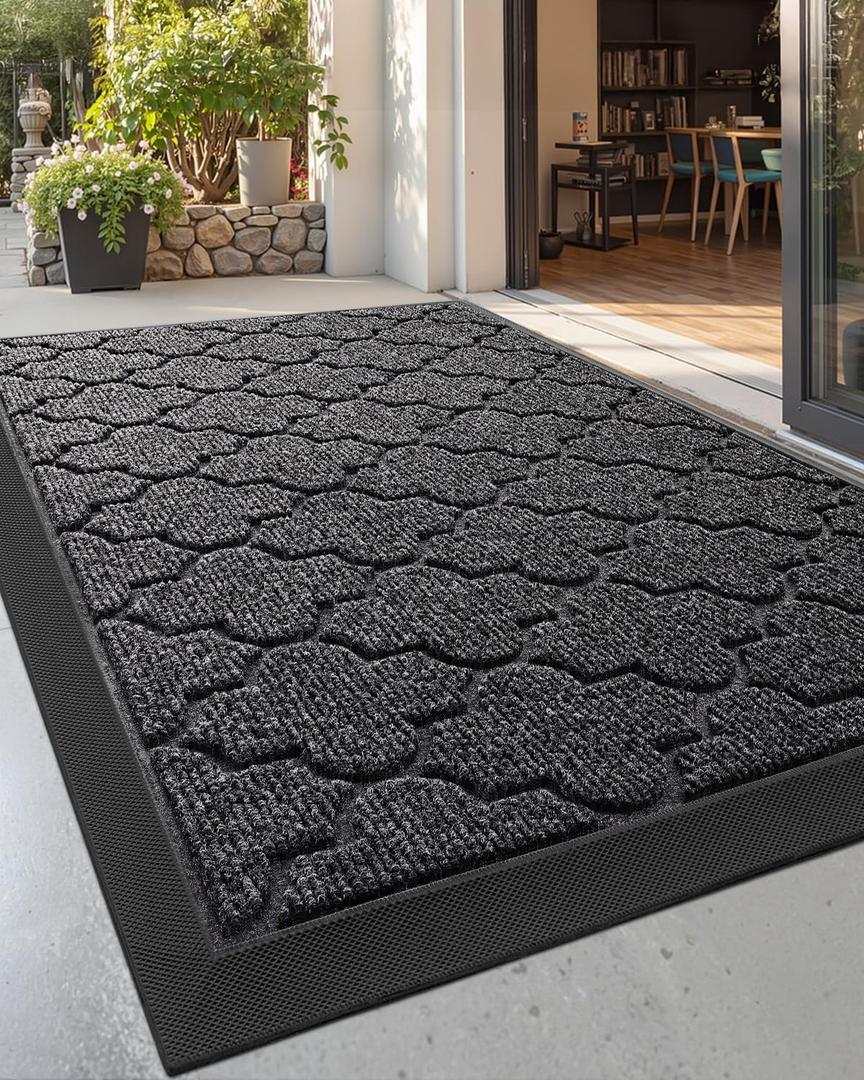 LUMI Thin Door Mat, Low Profile Front Doormats for Entryway, Absorbent Mud Resistant Outside Welcome Mats, 24"x36", Quatrefoil Grey