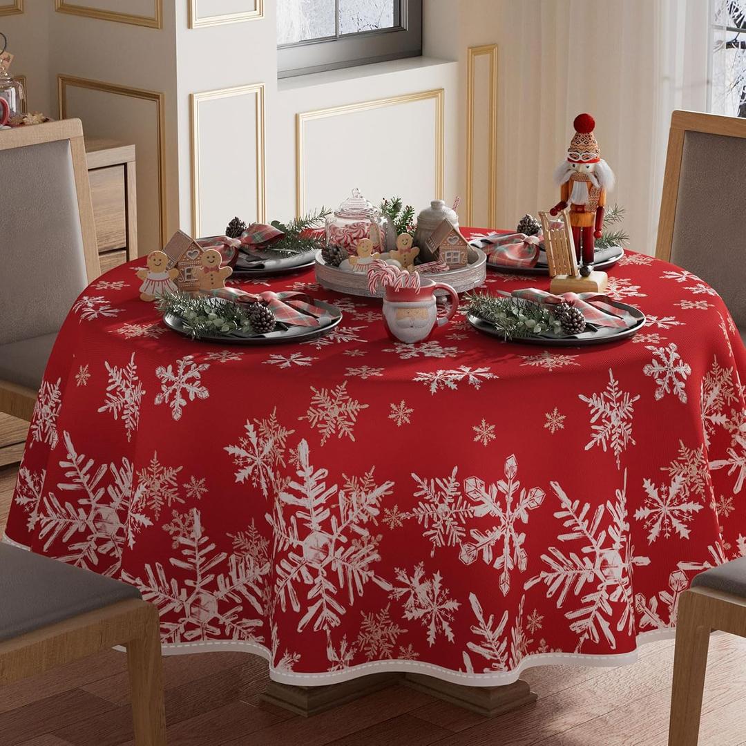XCHI Winter Red Snowflakes Tablecloth Round Christmas Table Cloth Washable Table Covers for Indoor Dining Home Party Xmas Decorations 70x70 Inch