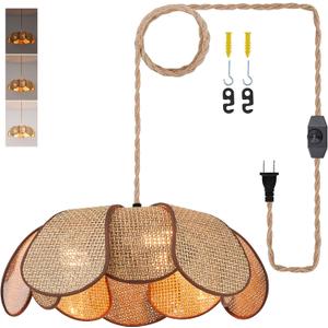 Hanging Lights with Plug in Cord, 3-Light 14.3FT Stepless Brightness Flower Shaped Hanging Lamp with On/Off/Dimmable Switch, Boho Handwoven Chandelier Rattan Pendant Light for Bedroom Nursery (Brown