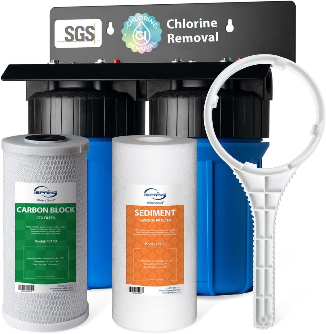 iSpring WGB21B 2-Stage Whole House Water Filtration System, with 10" x 4.5" Sediment CTO(Chlorine, Taste, and Odor) Filter, 1" Inlet/Outlet