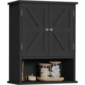 TEENFON Bathroom Wall Cabinet, Over The Toilet Space Saver Storage Cabinet with Barn Doors & Adjustable Shelf, Hanging Medicine Cabinet, Black UNGGX003HV1