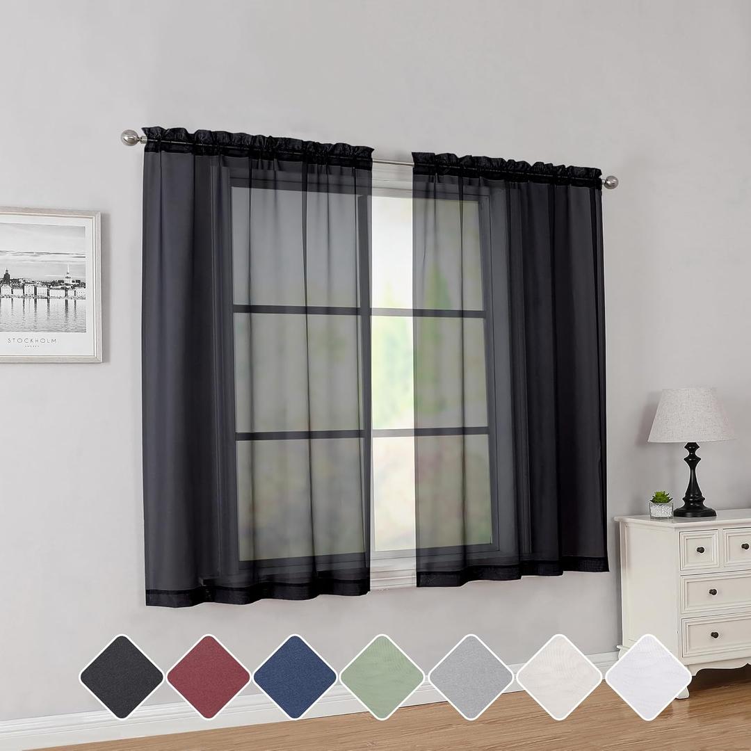 Simplebrand Black Short Sheer Curtains 45 Inch Length for Small Windows, Rod Pocket 2 Panels Set Solid Voile Drapes Window Sheer Curtains for Bedroom Bathroom Kids Room Kitchen, 42x45 Inch