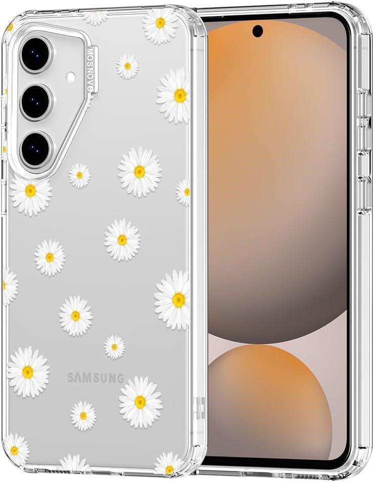 MOSNOVO Case for Samsung Galaxy S24 FE, [Buffertech 6.6ft Military-Grade Drop Protection] [Anti Peel Off Tech] Clear TPU Bumper Phone Case Cover Design - White Daisy