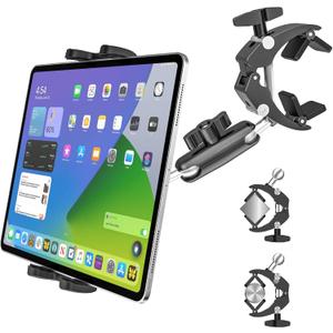 Clamp Tablet Holder & iPad Clip for Square and Round Tubes, Heavy Duty Metal Tablet Mount for Golf Carts, Tractor, Excavator, Bulldozer, Loader, Crane, Forklift, Boat, Fit for 4-13" Devices