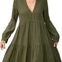 R.Vivimos Cotton Casual Dresses for Women Long Sleeve V Neck Tiered Flowy Mini Tunic Dress Large