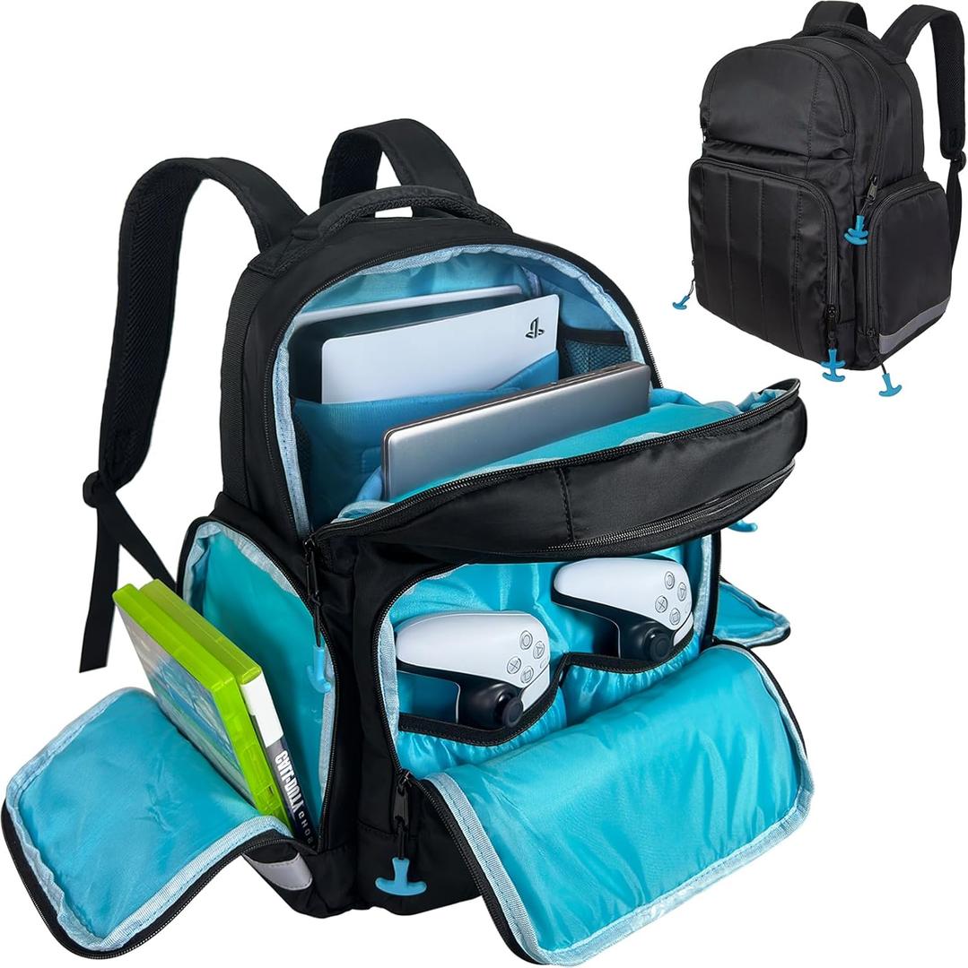 Travel Backpack for PS5/PS5 Slim/PS5 Pro, Protective Carrying Case Bag Compatible with PlayStation 5 Controllers for 17.3Laptop, Headset, Game Discs and More Gaming Accessories