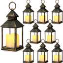 Sumind 8 Pack 9" Decorative Candle Lantern with Flameless Candle Wood Grain Lantern Hanging Vintage Rustic Farmhouse Decor Wedding Decoration Table Centerpiece for Indoor Outdoor Party (Black)