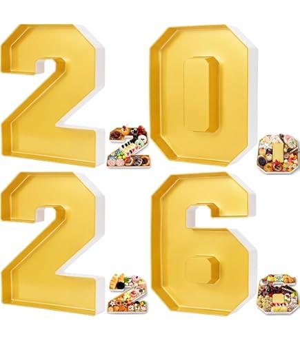 Tellingyou 2026 Charcuterie Number Fillable Plastic Boxes 13.7" Graduation Large Fillable Tray Numbers for Chocolate Candy Snack Grad Party Supplies(Gold)