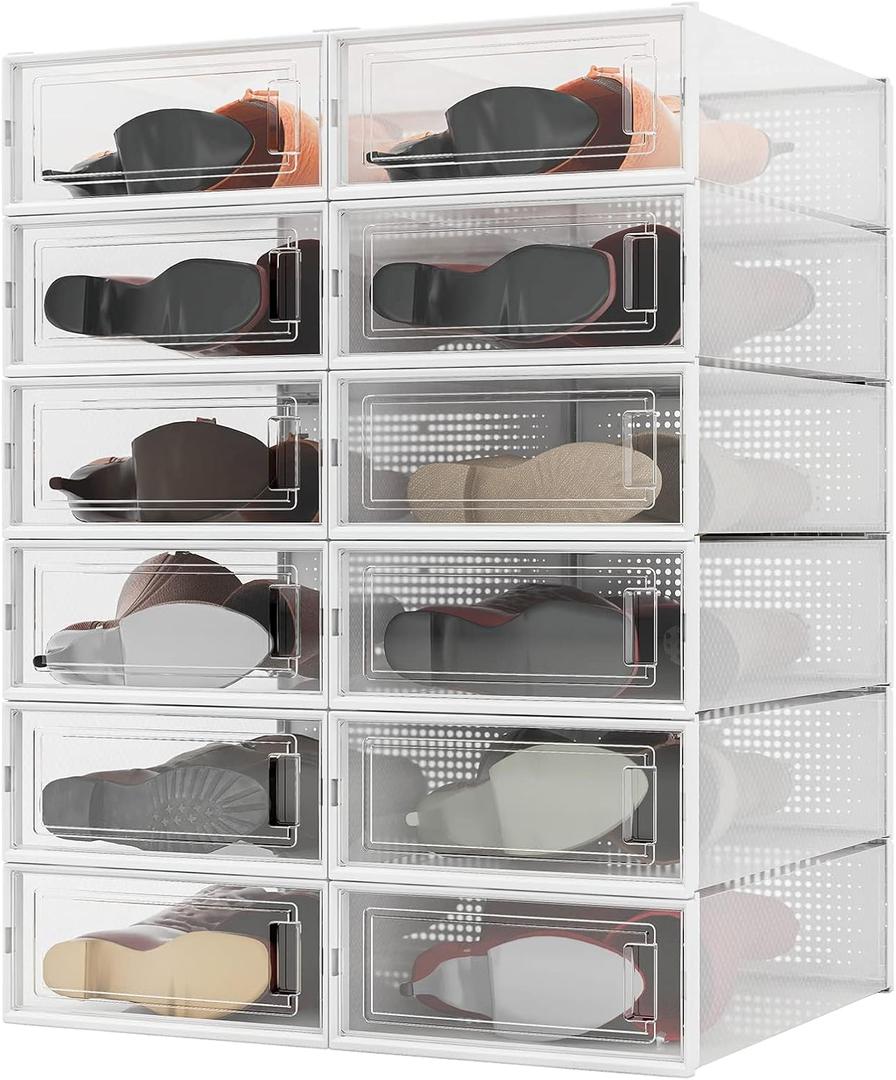 PARANTA 12-Piece Boot and Shoe Storage Box, Stackable Clear Plastic Shoe Box, Space-Saving Shoe Organizer for Boots, Sneakers, and High Heels, Clear