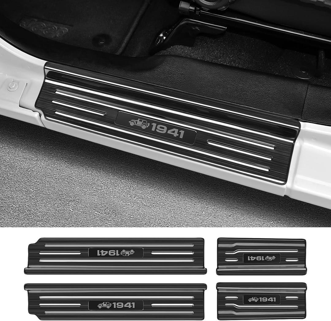 4PCS Door Sill Protector for Jeep Wrangler JL JLU 2018-2025 2026 & Gladiator JT 2020-2025 2026 Accessories Stainless Steel Front and Rear Door Car Pedal Kick Protection (Black Brushed)