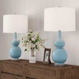 Lavish Home Ceramic Table Lamps for Living Room Set of 2 - Double Gourd Vintage Style Lights Table Lamps for Bedroom, Living Room, or Office with Efficient LED Bulbs (Blue) 