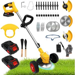 21V Electric Weed Wacker Cordless Grass Trimmer with 2x2000mAh Batteries & Fast Charger, 3 in 1 Stringless Lightweight Brush Cutter/Edger/Mower with 3 Types Blade & Wheels for Garden and Yard Lawn (Yellow)