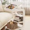 AQIMUELE Wooden C-Shaped End Table,Couch Desk with 2 Lockable Wheels,4-Tier Couch Table with Storage Bag,Small Rolling Side Table Tv Trays for Couch, Living Room,Bedroom (White) (15.6"D x 15.7"W x 24.8"H)