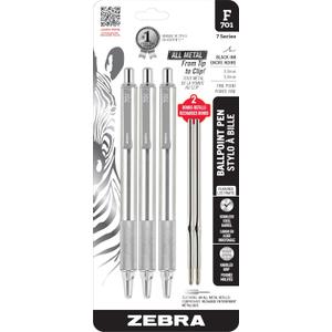 Zebra Pen F-701 Ballpoint Black Ink Fine Point 0.8mm Pen, Heavy Duty, Durable Stainless Steel Barrel, Knurled Grip, Silent Retractable Plunger, Ideal for Tactical Use, 3-Pack Plus 2 Refills (29412)