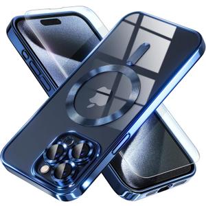 Misea Magnetic for iPhone 15 Pro Max Case with MagSafe [Never Yellowing] [Military Grade Drop Protection] Full Camera Lens Protector Plating Soft Clear Phone Case for Women Girls, Deep Blue