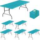 LUSHVIDA 6 Packs Vinyl Tablecloths with Flannel Backing for 6ft Rectangle Folding Table Cloths - Waterproof Plastic Picnic Table Covers with Elastic Corners, 30x72 inch, Teal