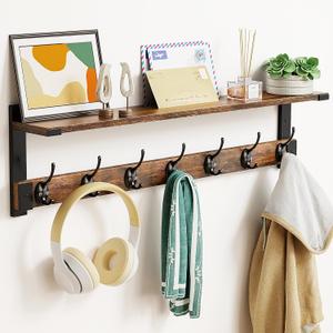 Wall Hooks with Shelf, Coat Rack Wall Mount, 28.7 Inch Shelf with Hook for Coat Backpack Key Clothes Hanger, Wall Floating Shelf Hanging in Entryway, Living Room, Bathroom, Bedroom, Kitchen (28.7" - 1 pack, Brown)
