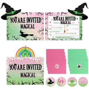 24 Packs Witch Party Decorations Pink and Green Theme Birthday Invitation Card with Envelopes Witch Hat Princess Crown Sticker for Kid Musical Movie Fan Birthday Party Decorations Supplies(4 Styles)