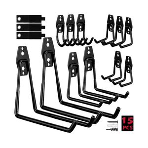 Garage Tool Storage Wall Hook Assortment Set 15PCS Heavy Duty Large Hanger Garden Tool Organizer Ladder Bike Rack Yard Tool Holder Shed Shovel Metal Screw Organization Bicycle Steel Bracket