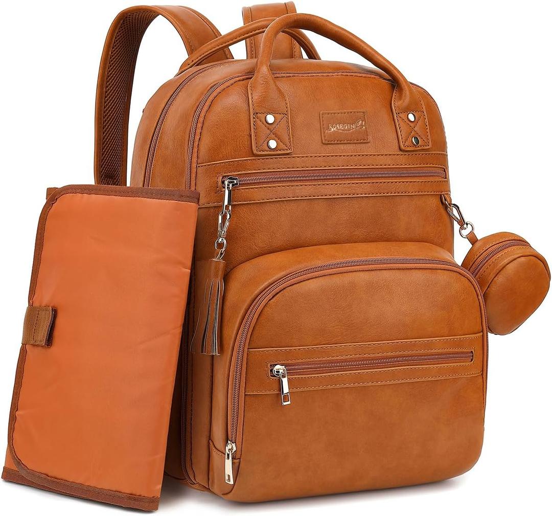 Premium Vegan Leather Diaper Bag Backpack with Waterproof Changing Pad, Reinforced Zippers & Odor-Free, 20 Pockets Pro Organizer, Fits 15.6" Laptop, Stroller Straps, Baby Bag for Mom, Brown
