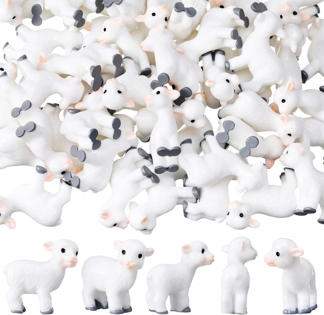 Amyhill 50 Pcs Mini Resin Lambs Tiny Goat Figurines Miniature Sheep Small Farm Animals Bulk for Spring Summer Christian DIY Micro Craft Planter Terrarium Garden First Communion Home Decor (White)