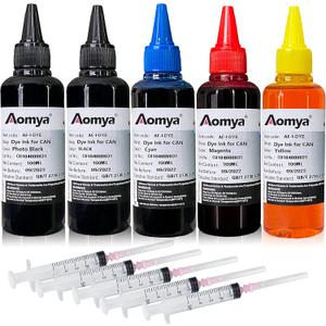 Aomya Ink Refill kit 5x100ml for Canon 250 251 270 271 280 281 1200 2200 PG240 CL241 PG245 CL246 PG210 Refillable Ink Cartridge CIS CISS System with 5 Syringes (PBK, BK, C, M, Y)