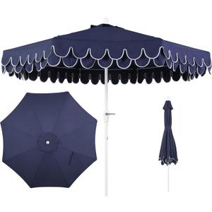 JONATHAN Y Tracy 9 ft. Outdoor Patio Umbrella with Scalloped Edge, Coastal Market Table Umbrella with Crank Lift and Tilt, 8 Sturdy Ribs UV Resistant for Pool, Navy, White Pole UMB1002G