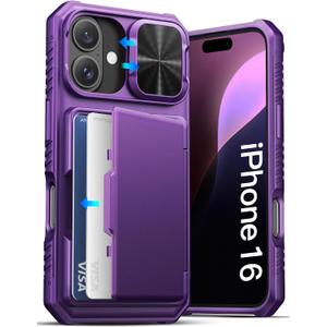 ATATOO for iPhone 16 Case Wallet with Card Holder (Store 3-5 Cards) & Slide Lens Cover, Military Grade Protection, Rugged Shockproof Wallet Phone Case for iPhone 16 6.1", Dark Purple