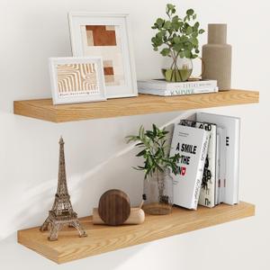 9.3 Inch Deep Floating Shelves, Oak Floating Shelf 36" x 9.3", Rustic Wood Wall Shelves 36 Inch Long, Large Wall Shelves for Book, Living Room, Bedroom, 36"W x 9.3"D x 1.5"H, Oak Color, Set of 2 (36"W x 9"D x 1.5"H, Set of 2)
