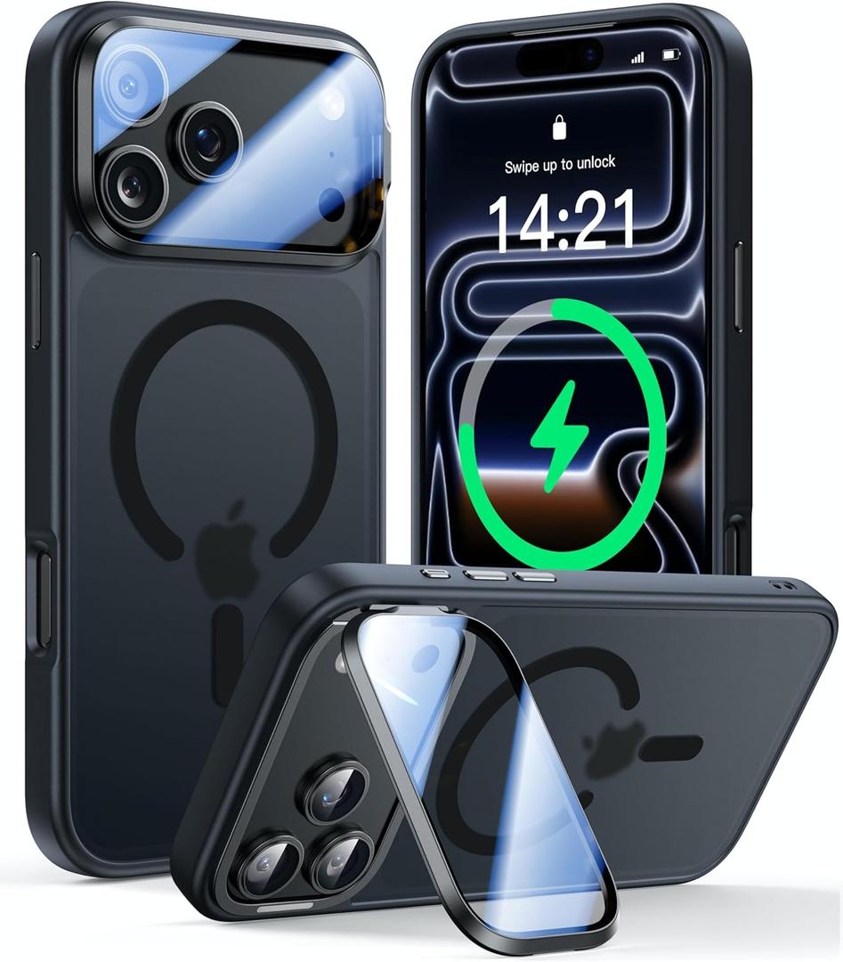 VOFATA [Upgraded Full Camera Protection] for iPhone 17 Pro Max Case with Camera Cover Stand [Fit for MagSafe][10FT Mil-Grade Protection] Translucent Magnetic iPhone 17 Pro Max Phone Case, Black