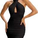 REORIA Women's Sexy Mini Dress Halter Sleeveless Backless Bodycon Criss Cross Ruched Short Dresses Party Night Club Outfits (Large, Black Onyx)