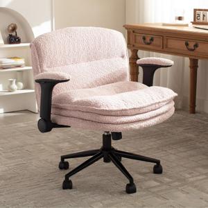 Dowinx Criss Cross Chair with Adjustable Flip-up Arms and Wheels, Comfort Ergonomic Office Desk Armchair with 3 Layer Cushions, Wide Seat Vanity Chair for Home Office, Living Room, Bedroom, Pink