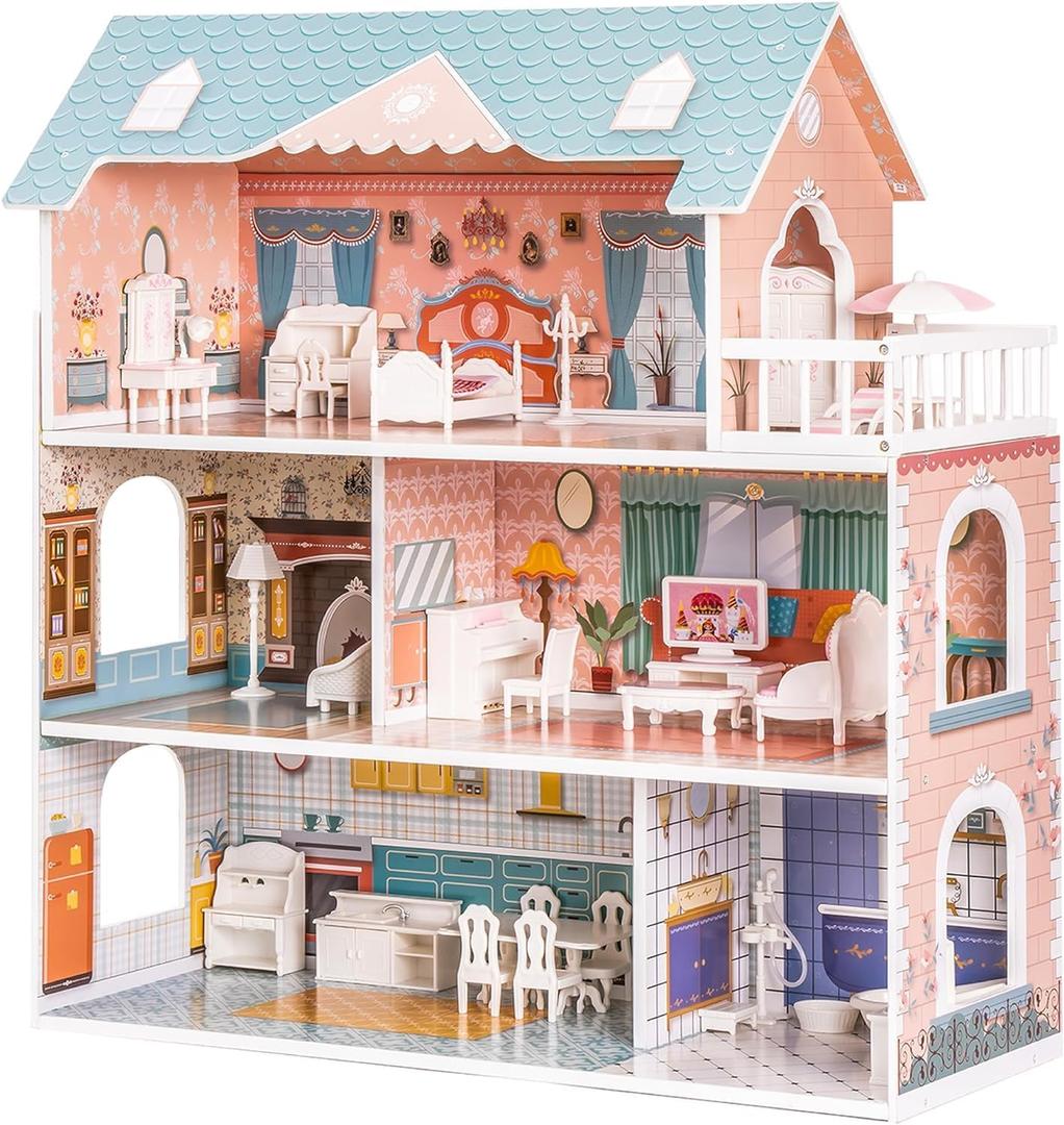 ROBUD Wooden Dollhouse with Furniture Blue for Girls 3-6, 3-6 Years Old