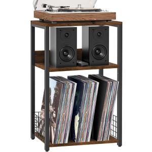 LELELINKY Large Brown Record Player Stand, 3 Tier 18" Wide Big End Table with Vinyl Storage Up to 130 Albums, Industrial Turntable Printer Tables, Modern Side Tables for Living Room, Bedroom, Office