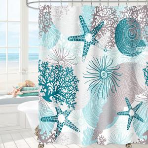 MAYZUS Beach Ocean Themed Shower Curtain 60x72, Teal Blue Cute Nautical Coastal Shower Curtains for Bathroom Decor, Summer Tropical Seashell Starfish Coral Fabric Shower Curtain Set with Hooks 72x72 inches