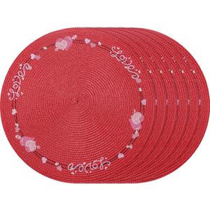 Valentines Day Placemats Set of 6 Table Decorations Indoor Red Heart Embroidered Round Place Mats for Home Wedding Farmhouse Party Decor Kitchen Dinning