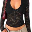 Matunana Womens Long Sleeve Going Out Tops Lace V Neck Mesh Crop Shirts Sexy Cute Y2K Fall Trendy Outfits 2025, S