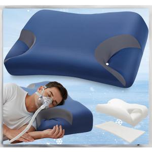 Adjustable CPAP Pillow for Side & Back Sleepers  Reduce Mask Air Leaks & Pressure, Cervical Memory Foam Neck Support with 2cm Removable Insert, Cooling Washable Cover  Fits Full Face & Nasal Masks (Large-25.2"L*14.9"W*(5.5"/4.7")H, Dark Blue)