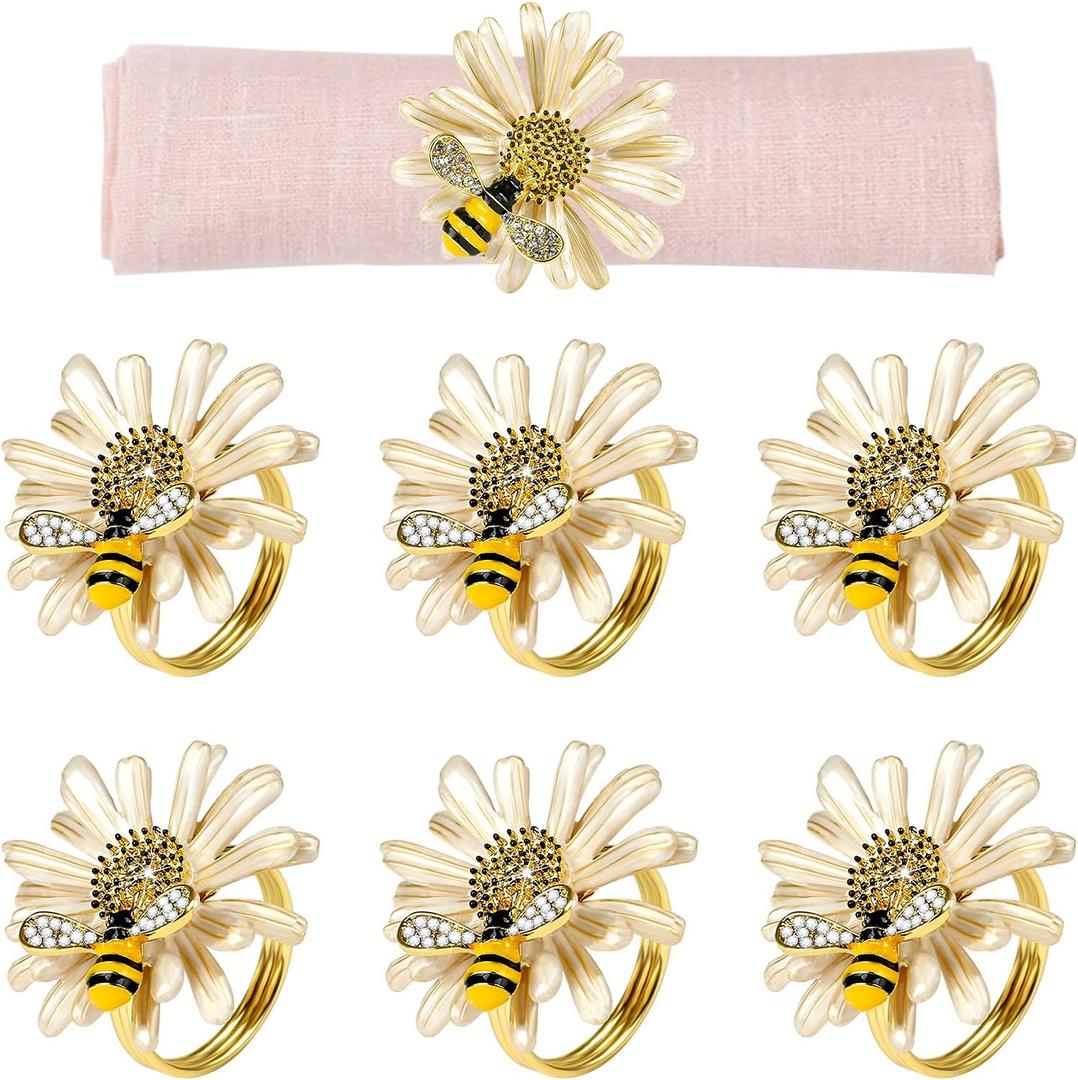 Kesote Daisy Sunflower Napkin Rings Set of 6, Gold Bee Napkin Ring Holders for Formal or Casual Dinning Table Decor (Cream)