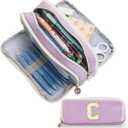 Pencil Case for Girls Women, Initial Pencil Pouch with Zipper, Cute Pencil Bag for School Supplies, Aesthetic Pen Case Box for Kids Teen Girls - C(Purple)